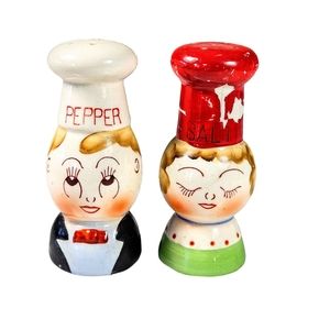 Vintage Napco Japan Anthropomorphic Egg Head Him Her Chef Salt & Pepper Shaker